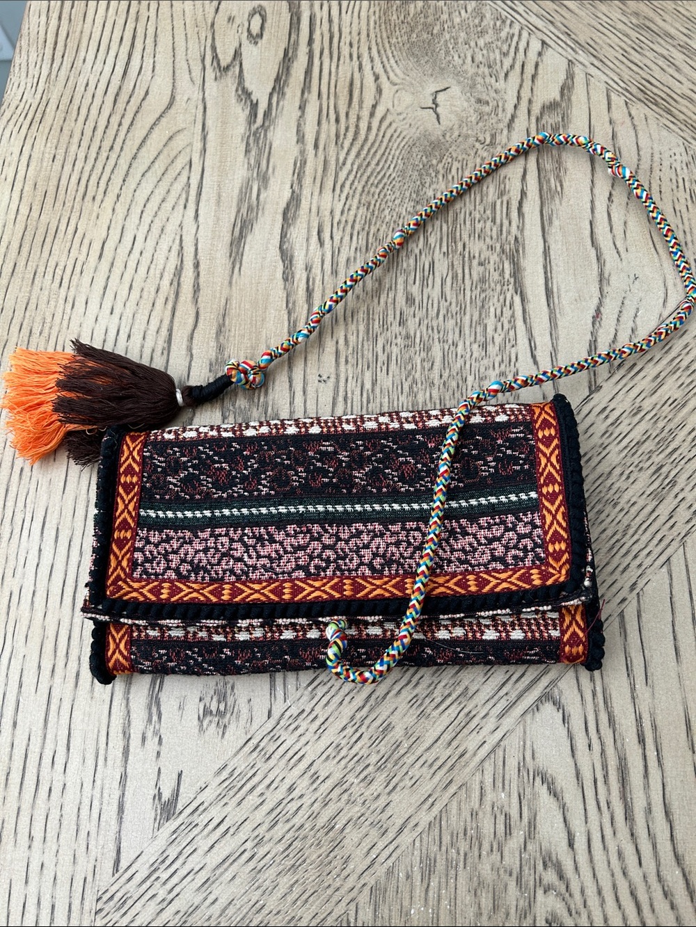 Boho Woven Clutch — Multicolor (Brown & Orange Accents)